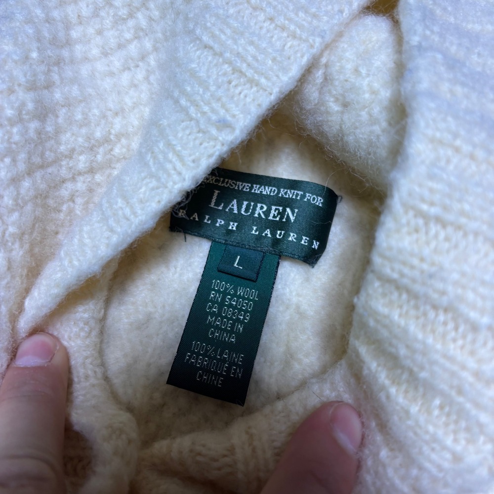 Vintage Lauren Ralph Lauren Hand Knit Wool Cable Cardigan Hooded Sweater Cream L - Picture 4 of 8